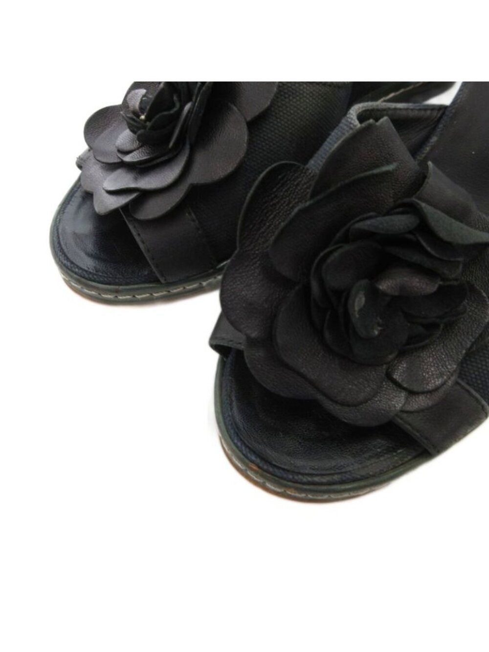 Chanel Camellia Sandals Leather 36.5 Black Wedge Sole Open Toe - Picture 3 of 9